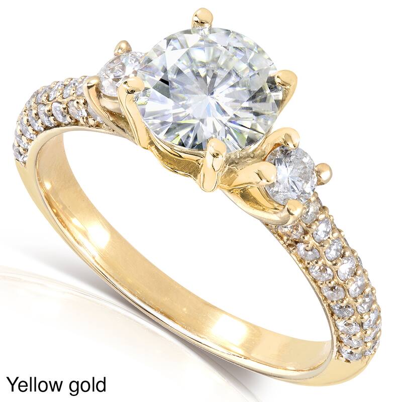 Annello by Kobelli 14k Gold 1 2/5ct TGW Round-cut Moissanite and Diamond Three Stone Pave Engagement Ring