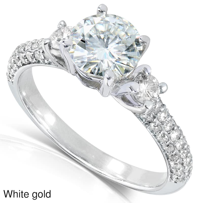 Annello by Kobelli 14k Gold 1 2/5ct TGW Round-cut Moissanite and Diamond Three Stone Pave Engagement Ring