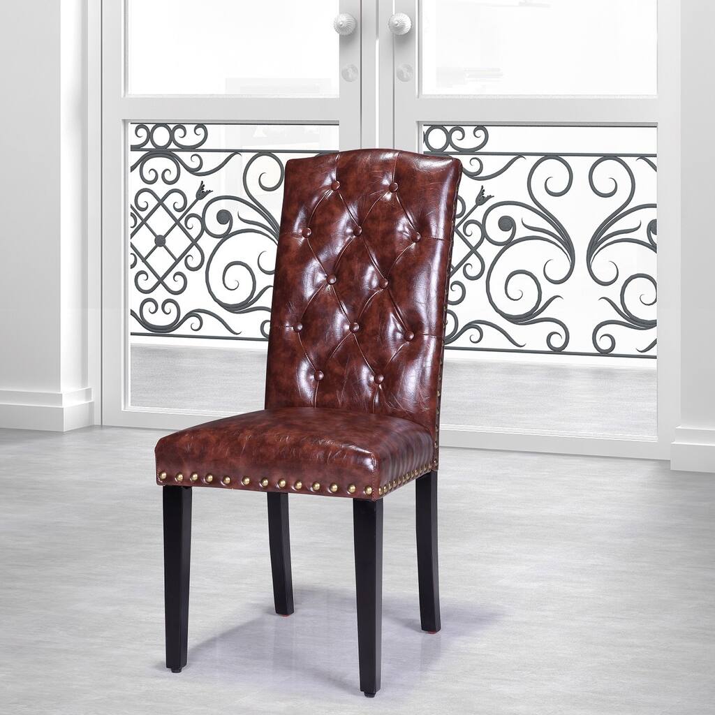 Luxury Comfort Collection Brown Faux Leather Tufted Parson Chairs (Set of 2)