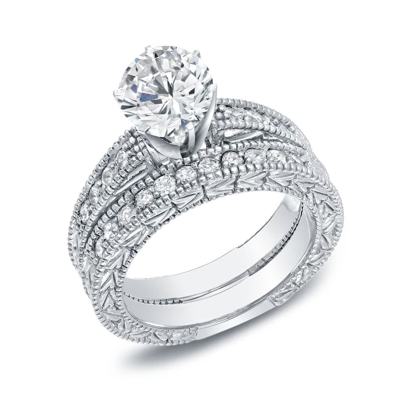 Auriya 1 1/2ctw Vintage Round Diamond Engagement Ring Set 14k Gold Certified - 4.5