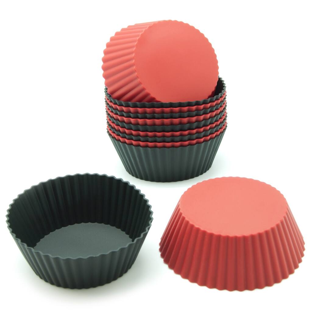 Freshware Red and Black Round Silicone Reusable Baking Cups (Pack of 12)