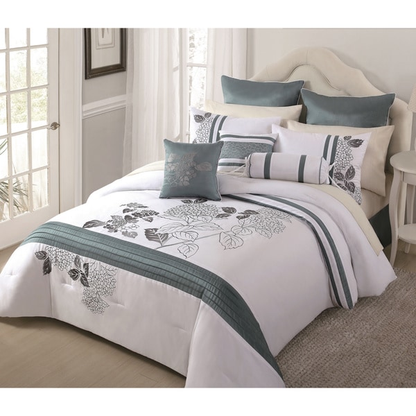 Aqua Bloom 9 piece Embroidered Comforter Set Comforter Sets