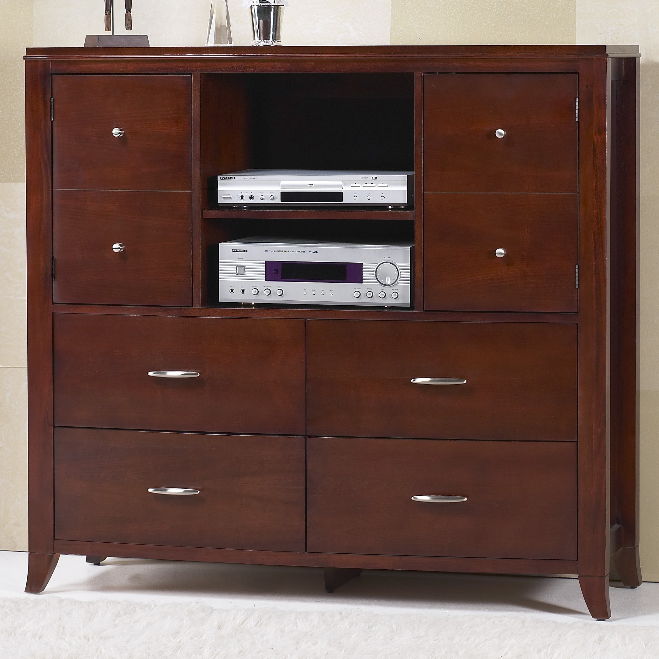 Domusindo Bow Front 4 drawer 2 door Media Chest Cherry ?? Size 4 drawer