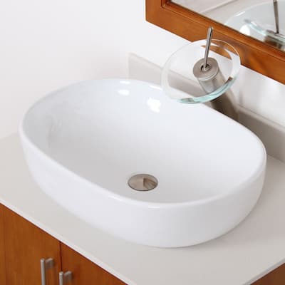 Elite High-temperature Grade-A Oval Ceramic Bathroom Sink and Brushed Nickel Waterfall Faucet Combo