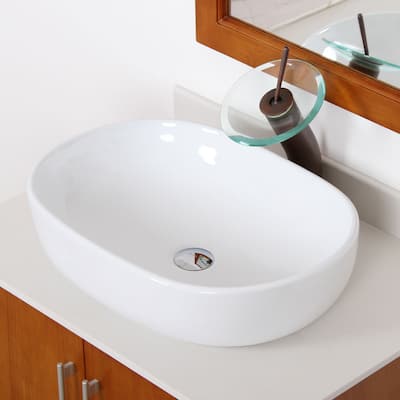 Elite High-temperature Oval Ceramic Bathroom Sink and Oil-rubbed Bronze Finish Waterfall Faucet Combo