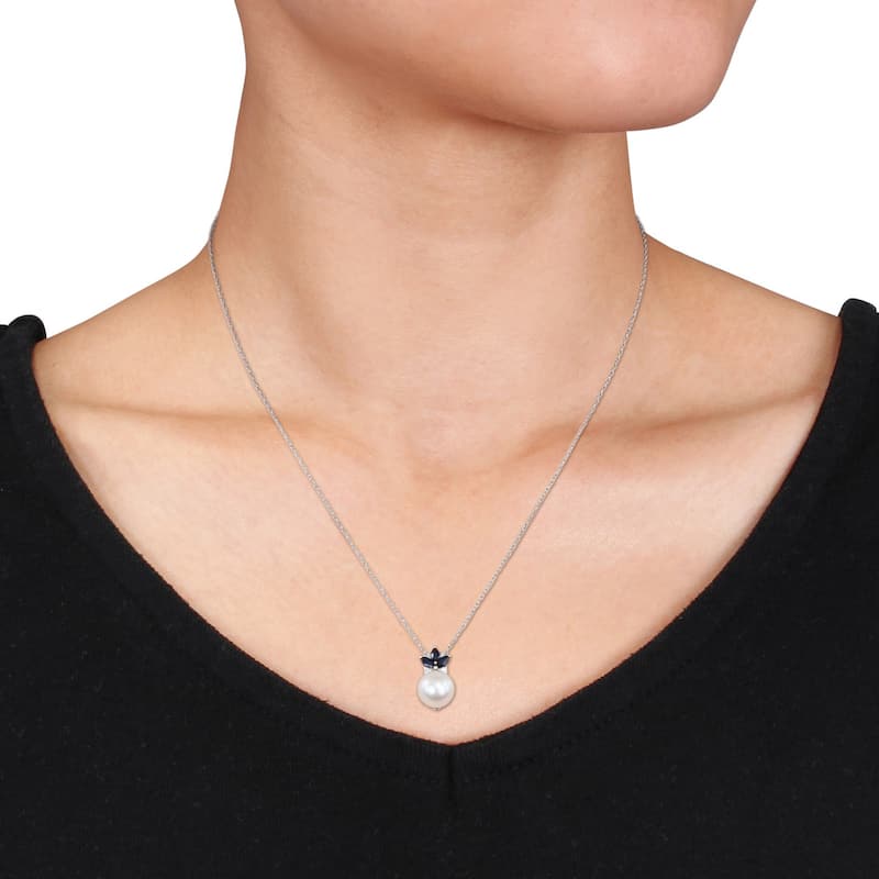 Miadora 10k White Gold Cultured Freshwater Pearl, Sapphire and Diamond Necklace (H-I, I2-I3) (8.5-9 mm)