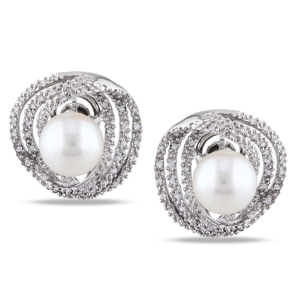 Miadora Sterling Silver Cultured Pearl and 1/4ct TDW Diamond Earrings (H I, I2 I3) (8 8.5 mm) Miadora Pearl Earrings