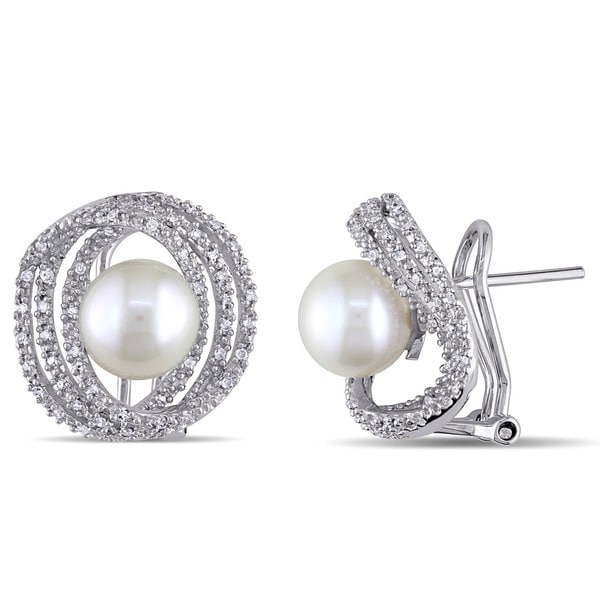 Miadora Sterling Silver Cultured Pearl and 1/4ct TDW Diamond Earrings (H-I, I2-I3) (8-8.5 mm)