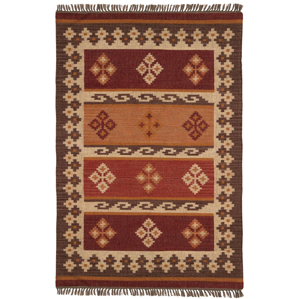 Hand woven Jewel Flat Weave Burgundy Wool Rug (5 X 8)