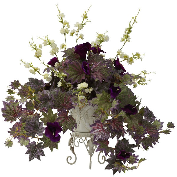 Morning Glory/ Cherry Blossoms and Metal Planter Floral Arrangement