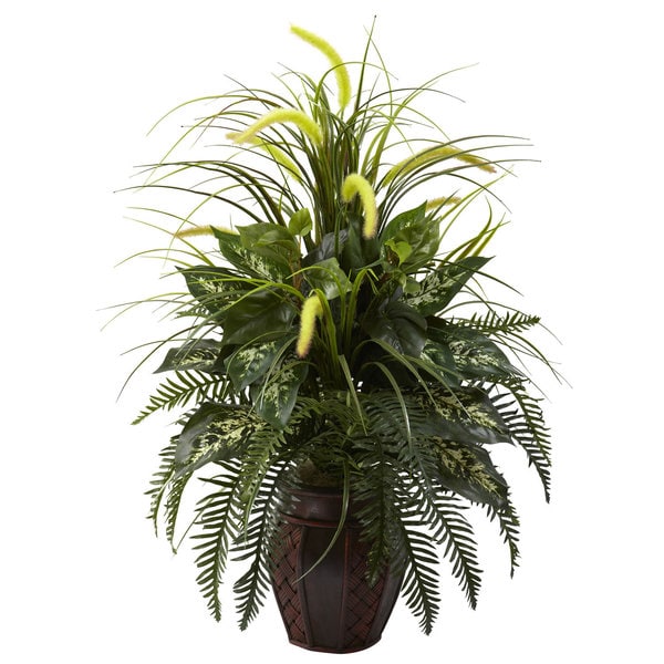 Double Bamboo Palm with Decorative Planter Silk Plant