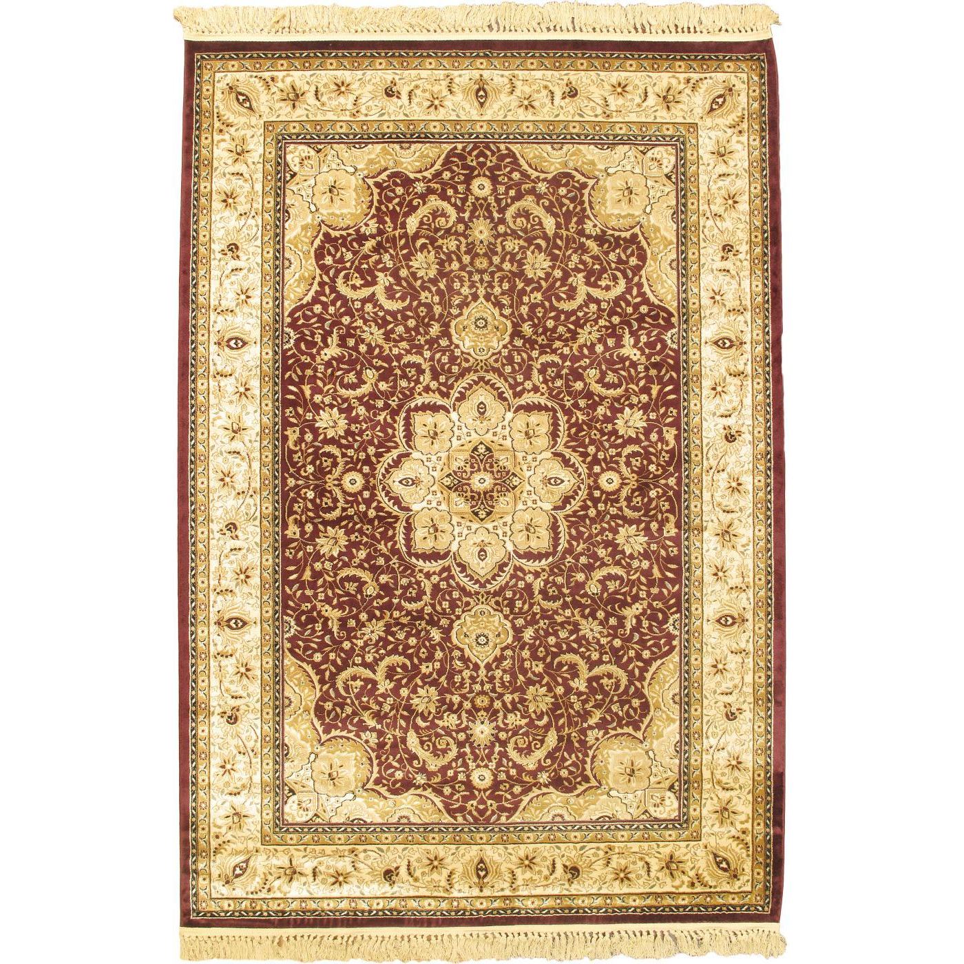 Qum Kashmir Burgundy Medallion Corners Area Rug (52 X 77)