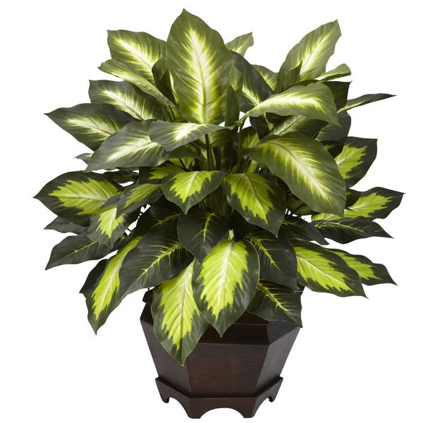 Nearly Natural Triple Golden Dieffenbachia Iron Wood Vase