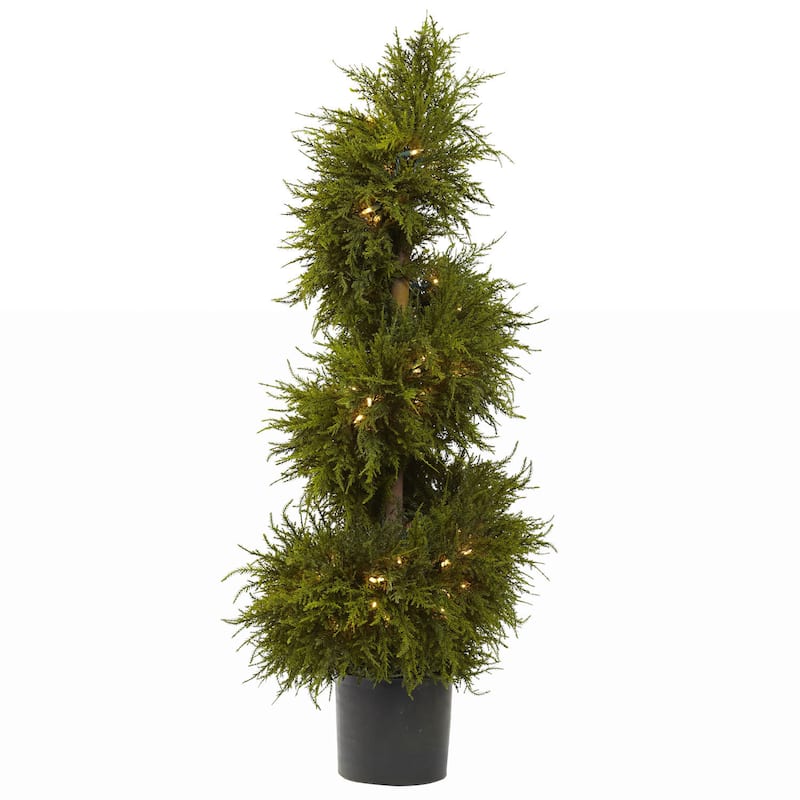 Nearly Natural 43-inch Cedar Spiral Topiary with Lights Decorative Plant