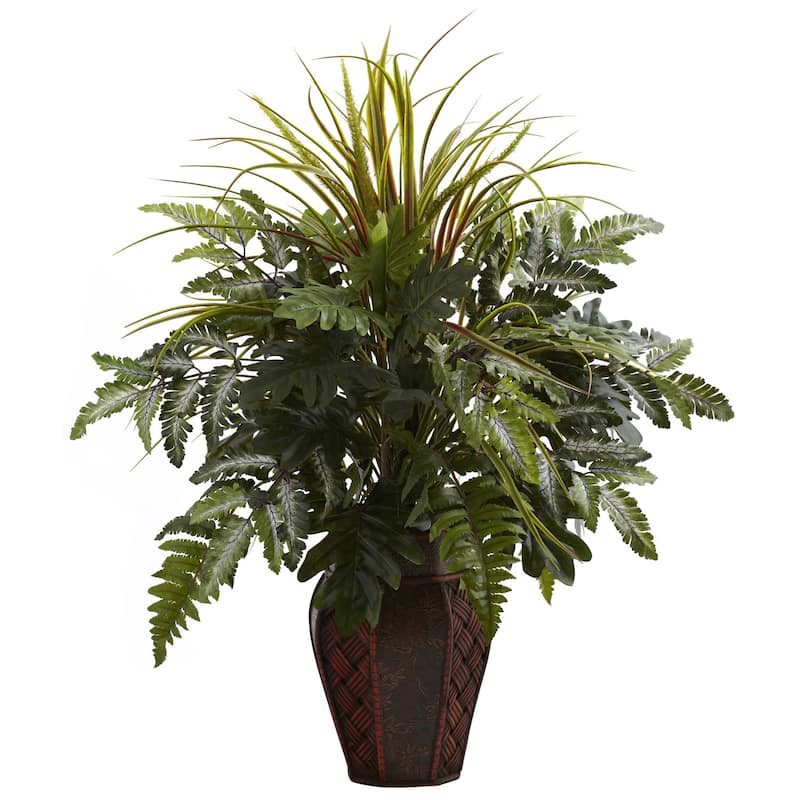 Mixed Grass and Fern in Decorative Planter Arrangement - Ferns - Wood - Planter