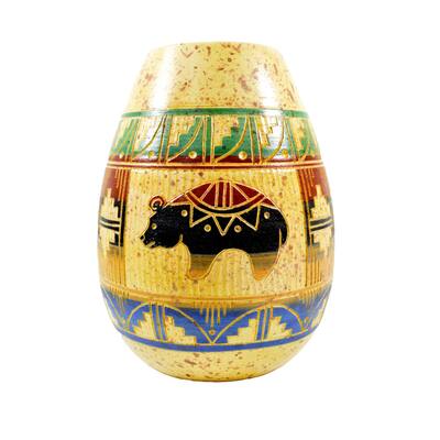 Clay Aztec-style Bear Hand-painted and Embossed Mexican Vase (Mexico)