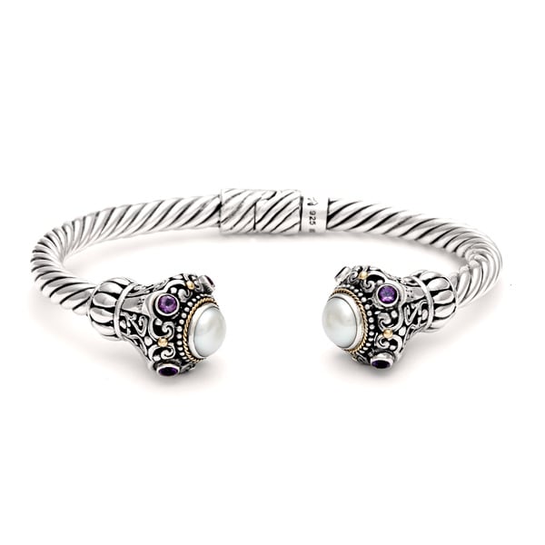 18k Gold and Silver Mabe Pearl and Amethyst Cuff Bracelet (8 mm) Sterling Silver Bracelets