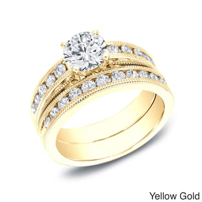 Auriya 2ctw Vintage Round Diamond Engagement Ring Set 14K Gold Certified