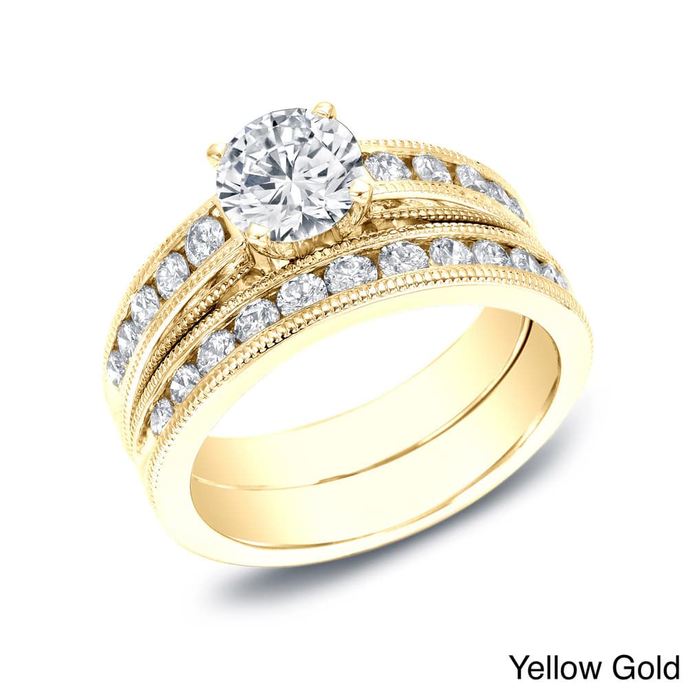 Auriya 2ctw Vintage Round Diamond Engagement Ring Set 14K Gold Certified