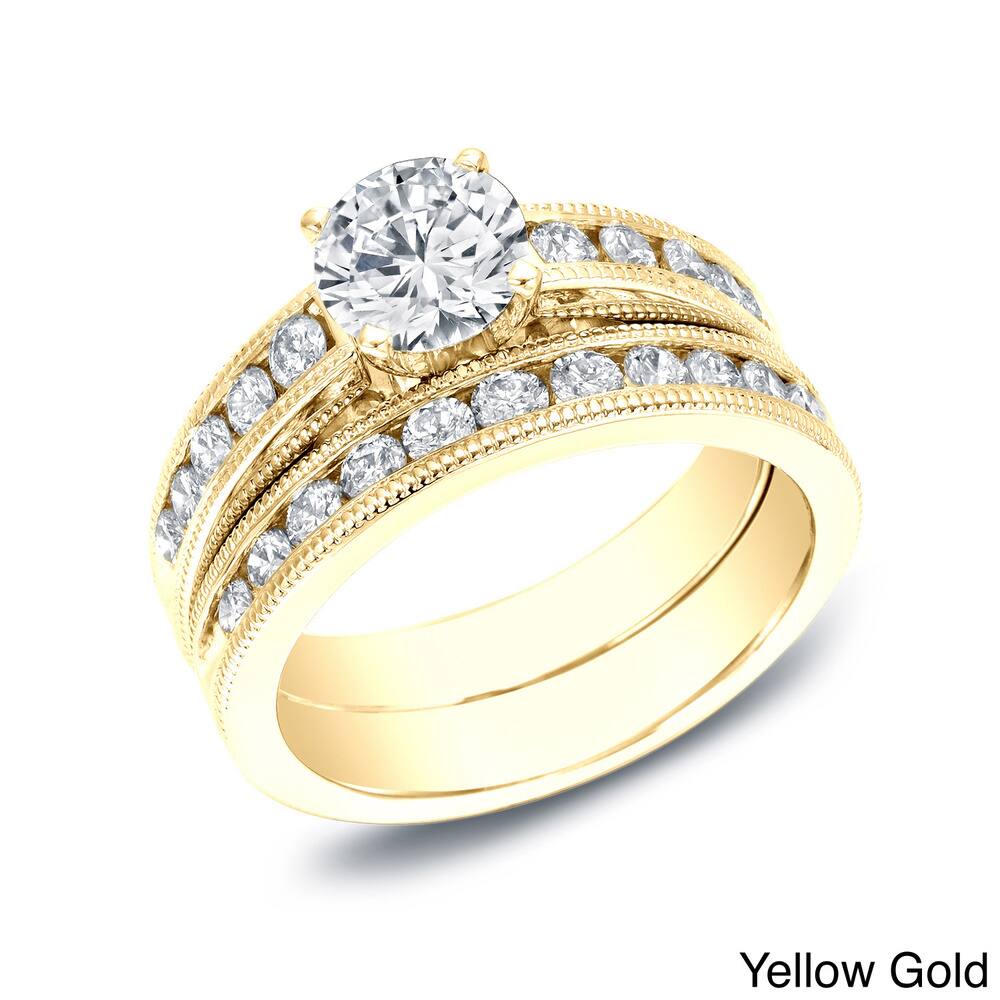 Auriya 2ctw Vintage Round Diamond Engagement Ring Set 14K Gold Certified