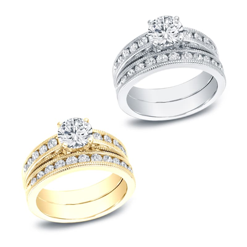 Auriya 2ctw Vintage Round Diamond Engagement Ring Set 14K Gold Certified