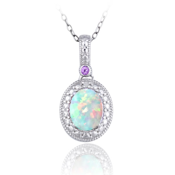 Glitzy Rocks Sterling Silver Opal, Amethyst and Diamond Oval Necklace (I J, I2 I3) 3/4carat TGW Glitzy Rocks Gemstone Necklaces