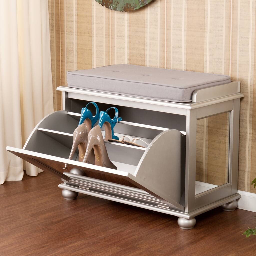 SEI Furniture York Silver Mirrored Storage Shoe Bench