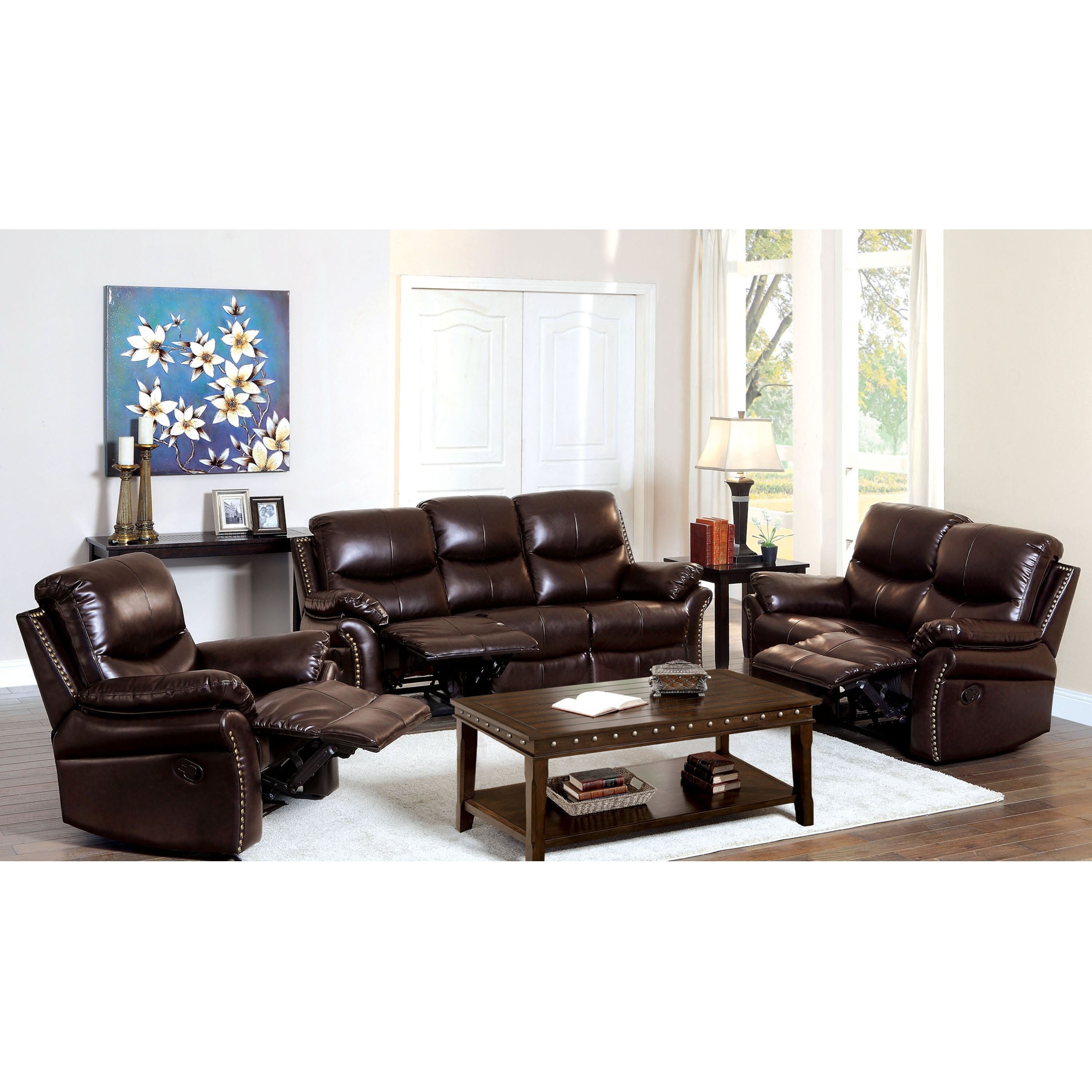 Furniture Of America Jenington Traditional 3 piece Bonded Leather Recliner Sofa love chair Set