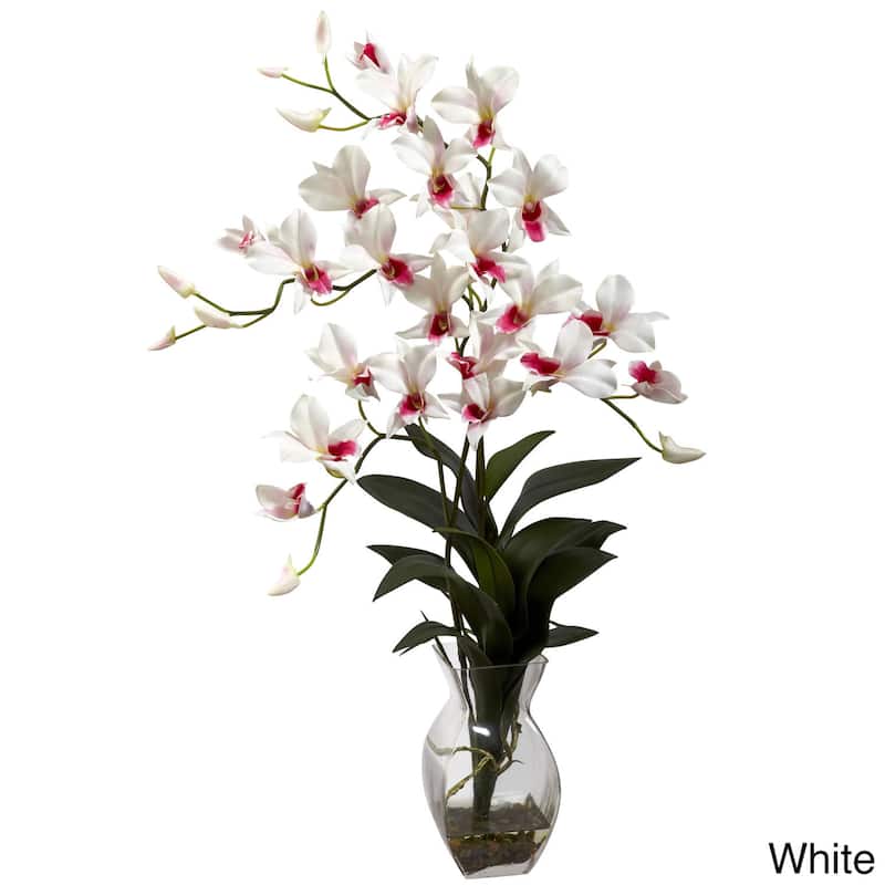 Nearly Natural Dendrobium Orchid Vase Arrangement Decorative Plant - White