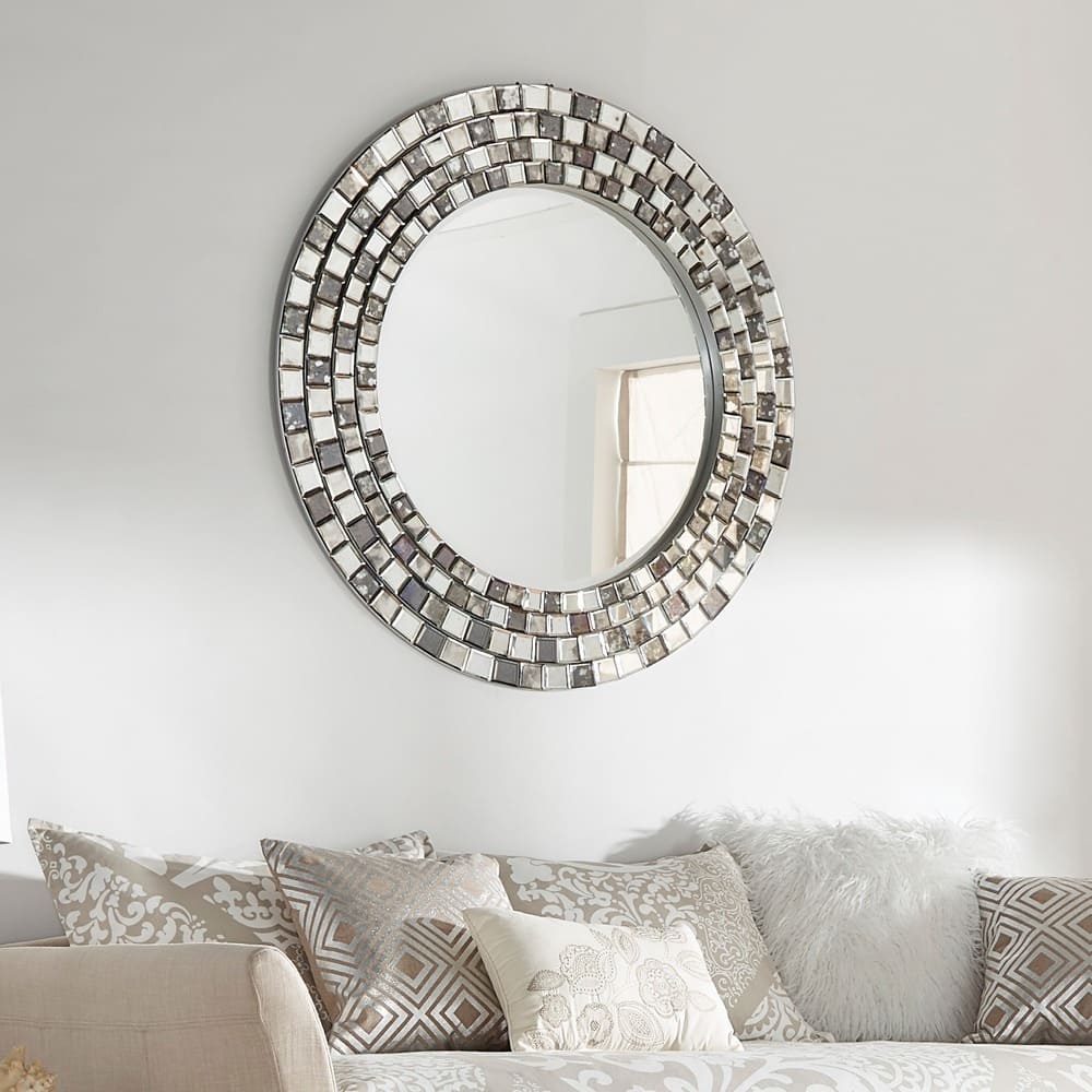 Palmer Frosted Tile Silver Finish Round Accent Wall Mirror by iNSPIRE Q Bold
