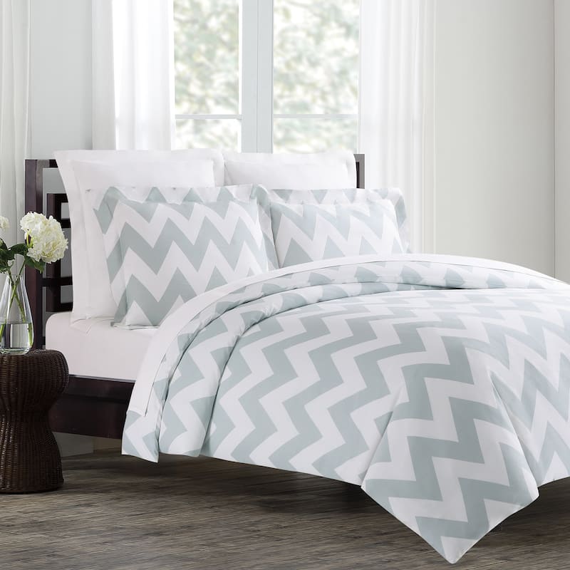 Echelon Home Chevron 3-piece Cotton Duvet Cover Set - King Silver Blue