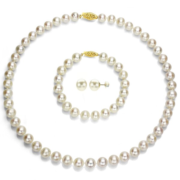 DaVonna 14k Yellow Gold White Round Akoya Pearl Jewelry Set (7.5-8 mm ...