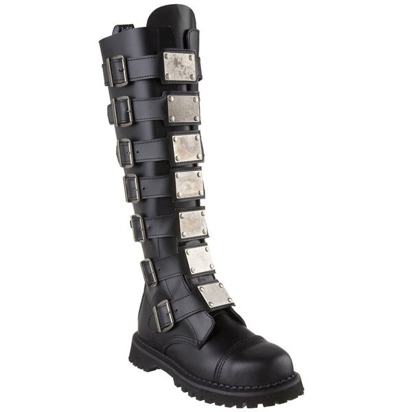 Black Leather Metal Strap Boots 