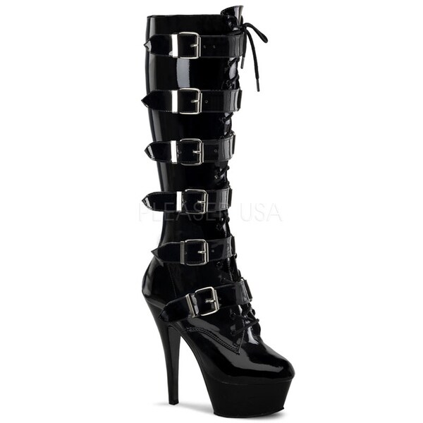 Pleaser Women's 'Kiss-2049' Black Patent Knee-high Buckle Strap Boots