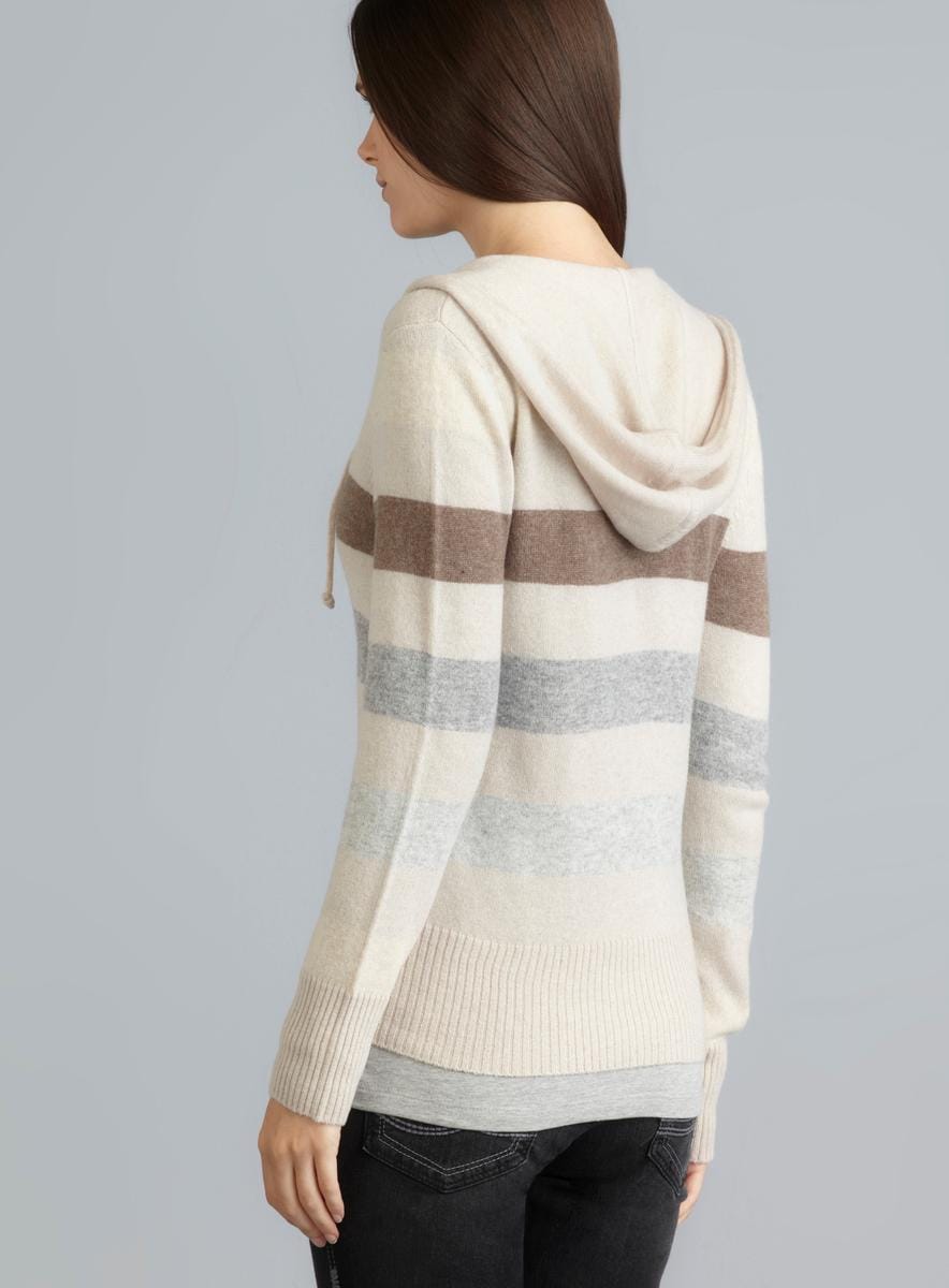 Chelsea & Theodore Beige Combo Striped Cashmere Petite Hoodie Chelsea & Theodore Sweaters