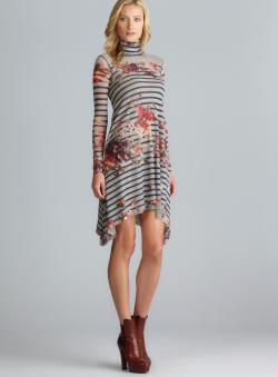 Jean Paul Gaultier Soleil Long Sleeve Printed Raw Edge Mesh Dress Casual Dresses