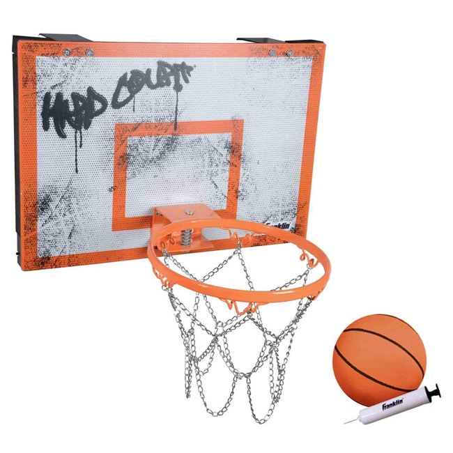 Hard Court Basketball Without Electronics (Orange/whiteDimensions 19 inches long x 4 inches wide x 3 inches highWeight 2.2 pounds18 inch x 12 inch pro style backboard with spring loaded rim1 or 2 player gamesDouble rim for unmatched playSet includes On