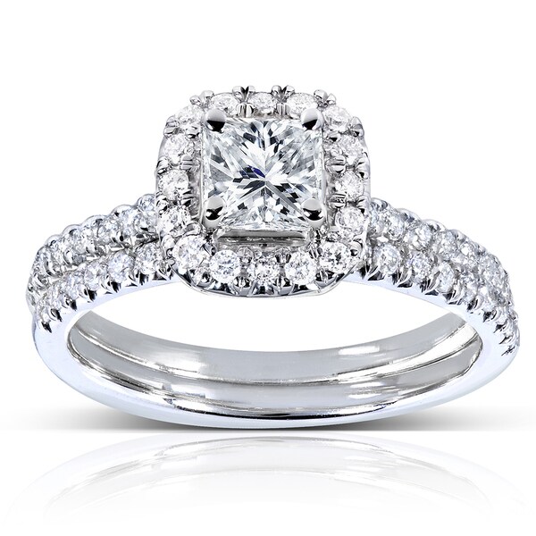 Annello 14k White Gold 7/8ct TDW Princess and Round-cut Halo Diamond Bridal Set (H-I, I1-I2)