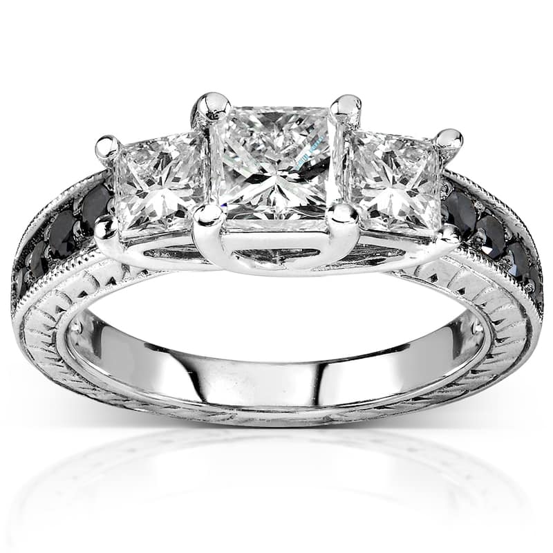 Annello 14k White Gold 1 3/8ct TDW Black and White 3-Stone Diamond Engagement Ring - 4