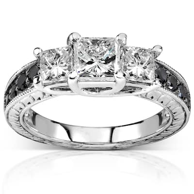 Annello 14k White Gold 1 3/8ct TDW Black and White 3-Stone Diamond Engagement Ring