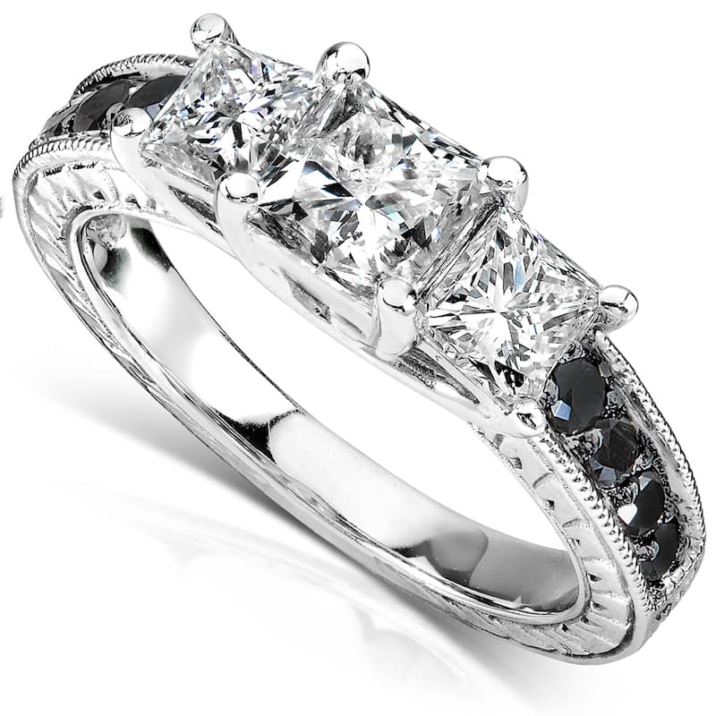 Annello 14k White Gold 1 3/8ct TDW Black and White 3-Stone Diamond Engagement Ring
