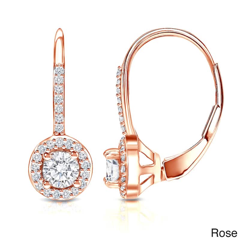 Auriya 14k Gold 3/5ct TDW Round Diamond Halo Leverback Earrings (H-I, SI1-SI2) - Rose