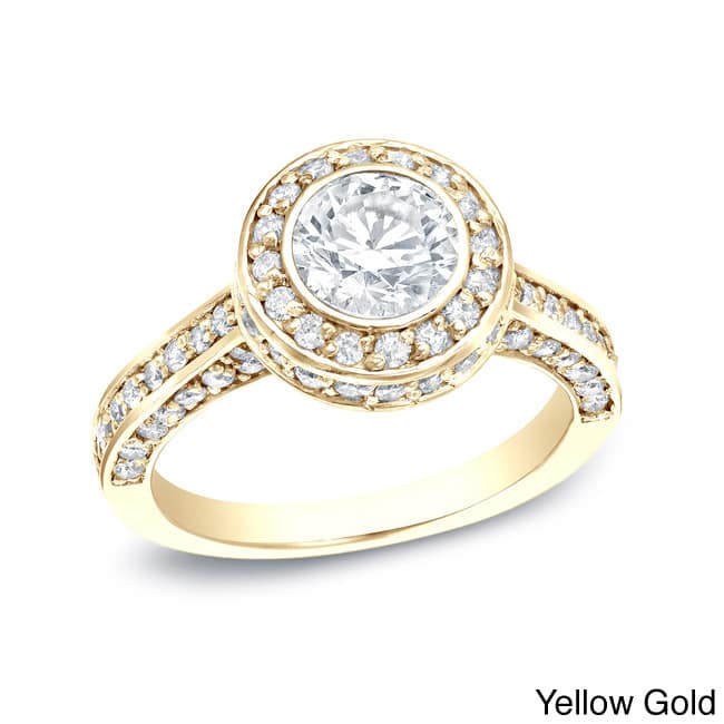 Auriya 14k Gold Certified 1 3/4ctw Round Bezel Set Halo Diamond Engagement Ring (H-I, SI1-SI2)