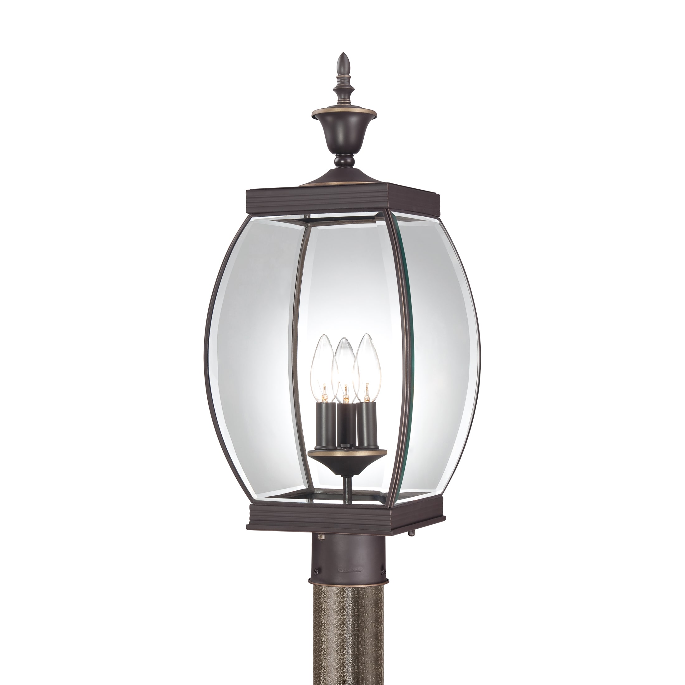 Quoizel Oasis 3 light 60 watt Outdoor Fixture (Brass Finish Medici bronze Number of lights Three (3)Shade Trumpeted glassRequires three (3) 60 watt B10 candelabra base bulbs (not included)Dimensions 22 inches high x 9 inches deepWeight 9 poundsThis f