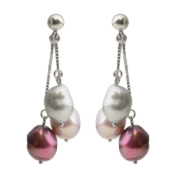 Sterling Silver Dyed Plum, Lavender and Grey Baroque Freshwater Pearl Dangle Earrings (9-10 mm). Opens flyout.