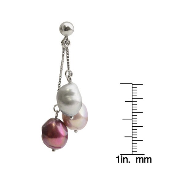 Sterling Silver Dyed Plum, Lavender and Grey Baroque Freshwater Pearl Dangle Earrings (9-10 mm)