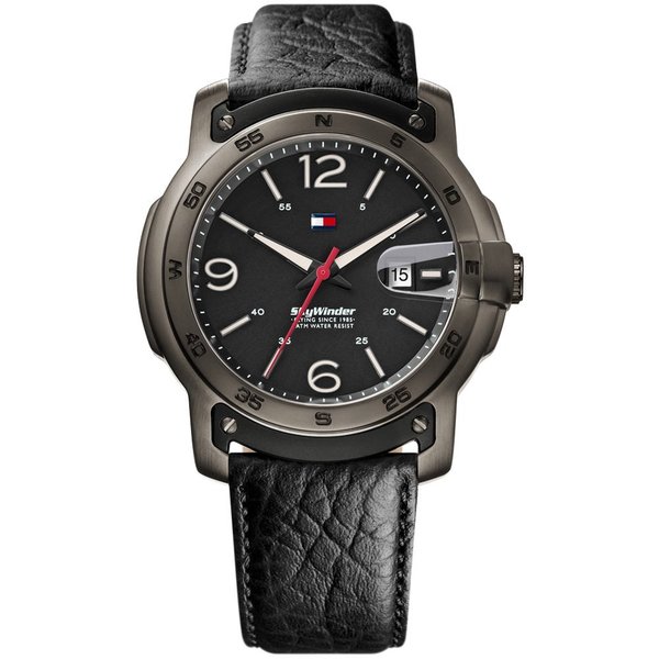 tommy hilfiger men's black leather strap watch 42mm