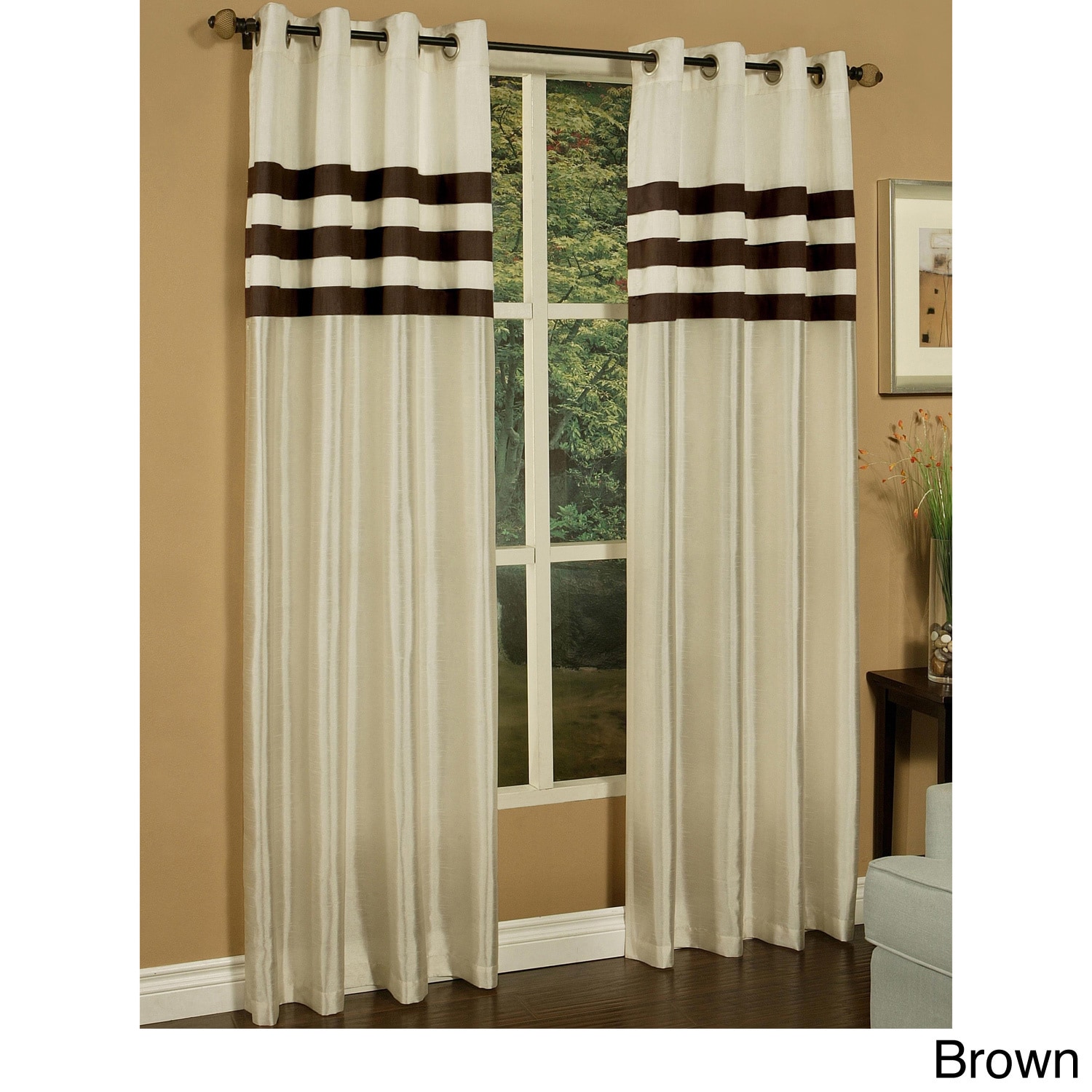 Sherry Kline Faux Silk Stripe Pleats Grommet Top Curtain Panel Pair