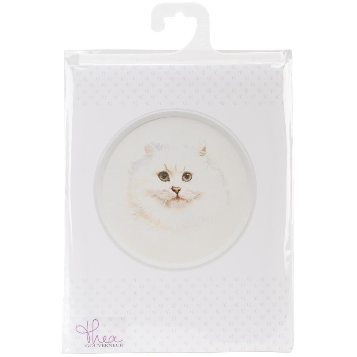 White Persian Cat On Linen Counted Cross Stitch Kit  16 1/2 Round 32 Count