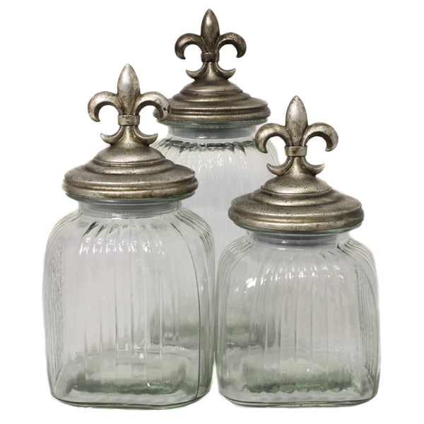 Casa Cortes Fleur de Lis 3 piece Glass Canister Set Casa Cortes Storage Canisters